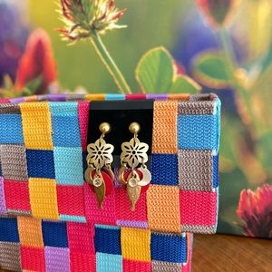 Vintage Gold Tone Floral and Fish with Red Circle Earrings